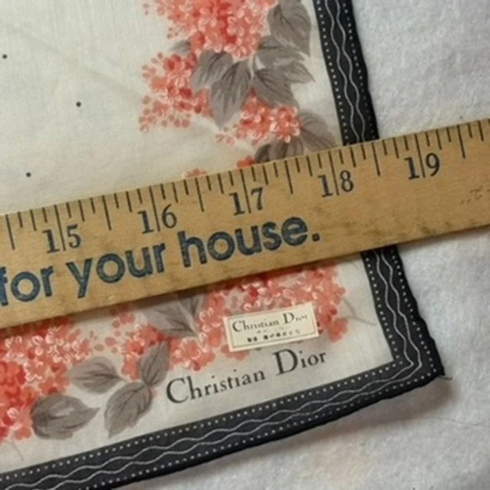 VTG CHRISTIAN DIOR Scarf Handkerchief Floral Polka Dot Cotton White Coral 18.5